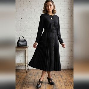 MS CHAUS Vintage  70's  80's Black Pleated Belted Front Buttons Midi Dress